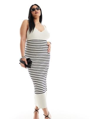Pretty Lavish Curve stripe knit midaxi dress in cream and navy-Multi
