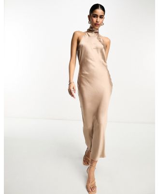 Pretty Lavish high neck satin midaxi dress in mocha-Brown