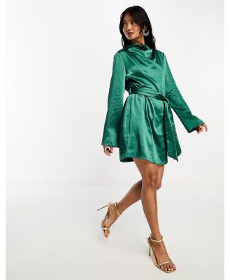 Pretty Lavish Jayda satin tie waist mini dress in emerald green