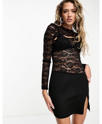 Public Desire contrast lace cut out side split mini dress in black