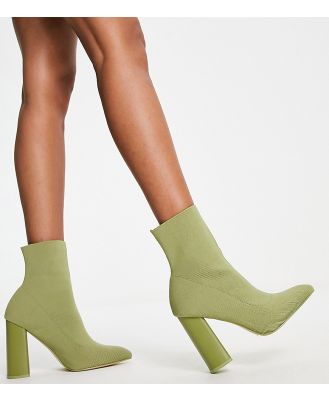 Public Desire Exclusive Wide Fit Loyal heel sock boots in olive knit-Green