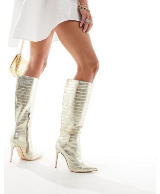Public Desire Horizon heeled knee boots in gold croc