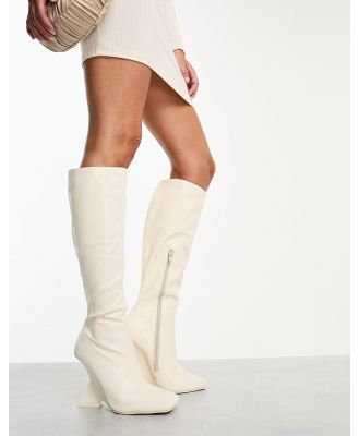 Public Desire Vanessa wedge heel knee boots in ecru-White