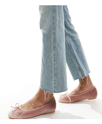 Public Desire Wide Fit Alexa bow ballet flats with strap in blush velvet-Pink