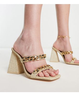 Public Desire Wide Fit Pina raffia sandals with chain in ecru-White