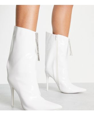 Public Desire Wide Fit Quince high ankle boots with embellished front in white patent