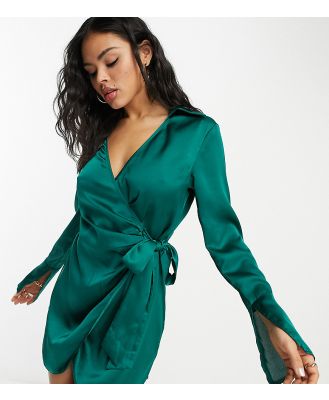 Public Desire x Paris Artiste Exclusive satin wrap shirt dress with split sleeve detail in emerald green