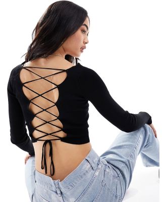 Pull & Bear adjustable strappy back crop long sleeved top in black