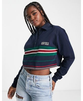 Pull & Bear cropped polo shirt in navy stripe-Neutral