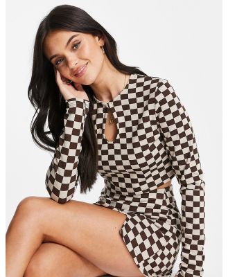 Pull & Bear long sleeve checkerboard crop top in brown (part of a set)