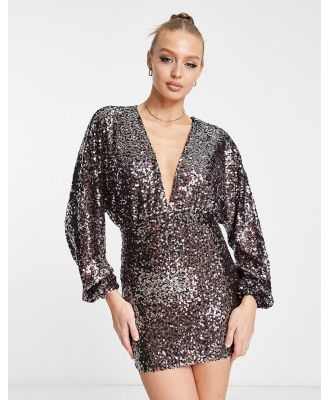 Pull & Bear long sleeve plunge neck sequin mini dress in multicolour-Pink