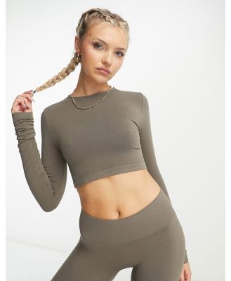 Pull & Bear long sleeve second skin top in taupe (part of a set)-Neutral