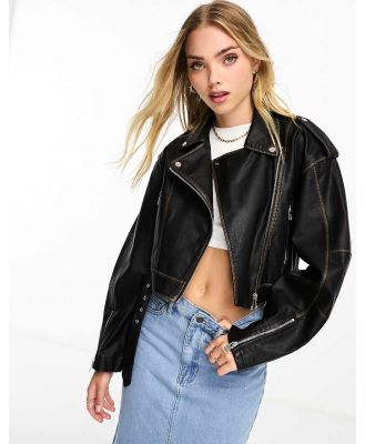 Pull & Bear oversized fit faux leather vintage wash biker jacket in black