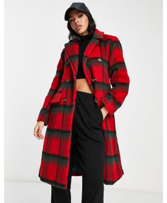 QED London double breasted longline coat in red check