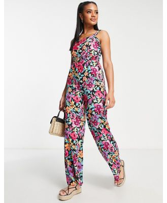 QED London shirred strap wide leg jumpsuit in floral print-Multi