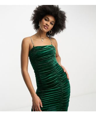 QED London Tall ruched velvet mini dress with chain straps in dark green