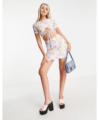 Rebellious Fashion bodycon mini dress with cut outs in smudge print-Multi