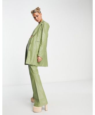 Rebellious Fashion leather look oversized blazer in khaki (part of a set)-Green
