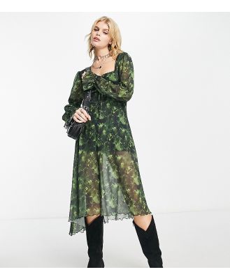 Reclaimed Vintage asymmetric hem maxi dress with puff sleeve in green blurred floral print-Multi