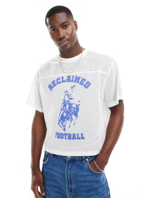 Reclaimed Vintage cropped boxy t-shirt in airtex with cowboy football graphic in white