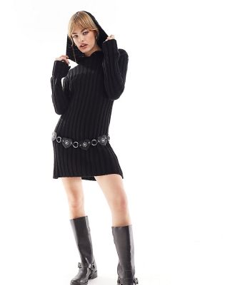 Reclaimed Vintage knitted mini dress with hood in black
