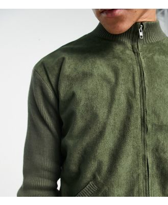 Reclaimed Vintage knitted zip through suede mix jumper in khaki-Green