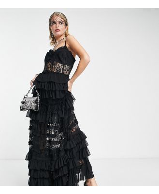 Reclaimed Vintage Limited Edition corset maxi dress with tiered lace in black