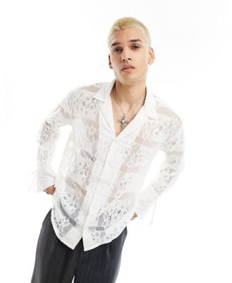 Reclaimed Vintage limited edition long sleeve lace patchwork shirt with tie sleeves-White