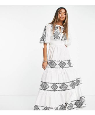 Reclaimed Vintage limited edition maxi smock dress in white with contrast black embroidery-Brown