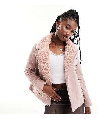 Reclaimed Vintage limited edition real suede aviator jacket with faux fur trim in pink-Neutral