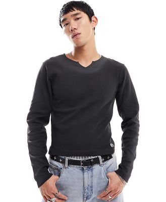 Reclaimed Vintage long sleeve notch neck t-shirt in washed charcoal-Grey