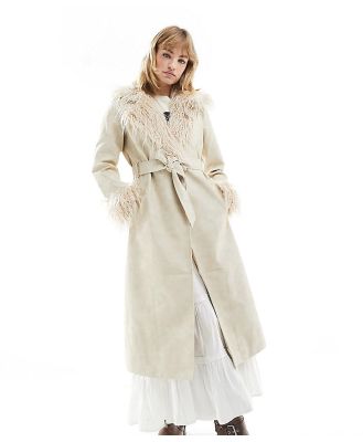 Reclaimed Vintage longline leather look trench coat with detachable faux fur collar in stone-Neutral