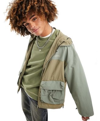 Reclaimed Vintage patchwork pocket tech bomber jacket with hood-Green