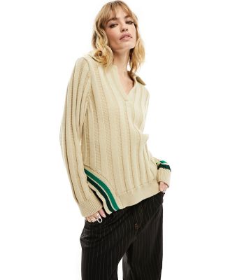 Reclaimed Vintage sporty collared knitted top with green stripe-Brown