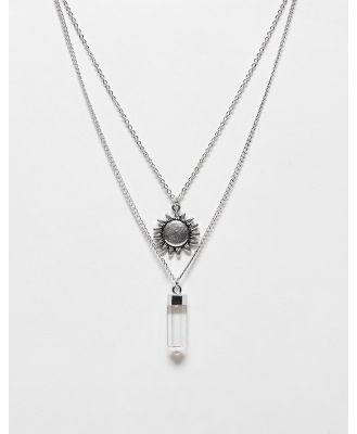 Reclaimed Vintage unisex 2 row necklace with gem and sun pendant in silver