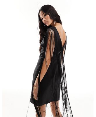 River Island backless mini dress with fringe detail in black