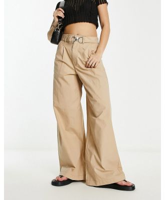 River Island belted wide leg pants with hardware detail in beige-Neutral