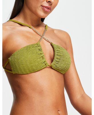 River Island chain halterneck bikini top in khaki-Green