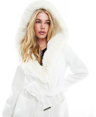 River Island faux fur robe jacket in cream-White