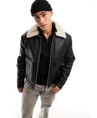 River Island faux leather aviator jacket in black