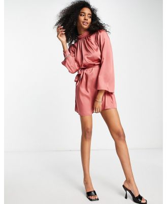 River Island fluted sleeve satin mini dress in pink-Red