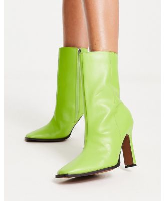 River Island leather square toe heeled boots in lime-Green