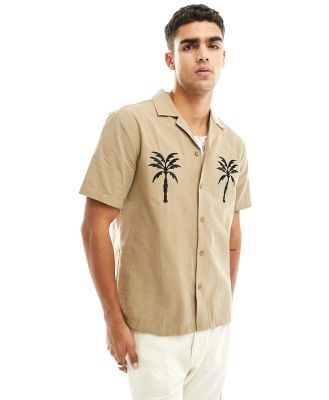 River Island palm embroidered shirt in brown