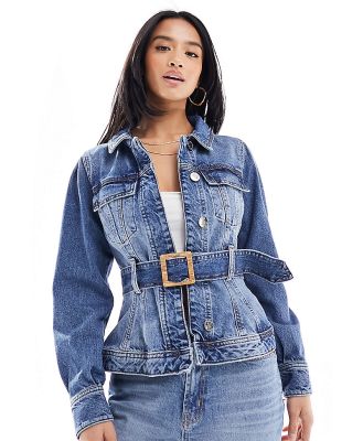 River Island Petite denim jacket with belted waist in blue