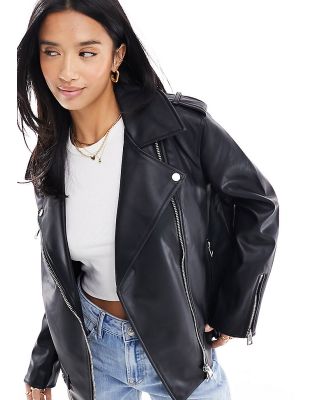 River Island Petite faux leather oversized biker jacket in black