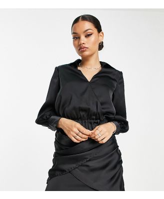 River Island Petite satin wrap detail shirt mini dress in black
