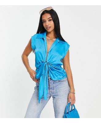 River Island Petite sleeveless satin knot front shirt in bright blue