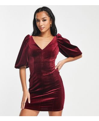 River Island Petite velvet plunge mini dress with puff sleeves in deep red-Pink