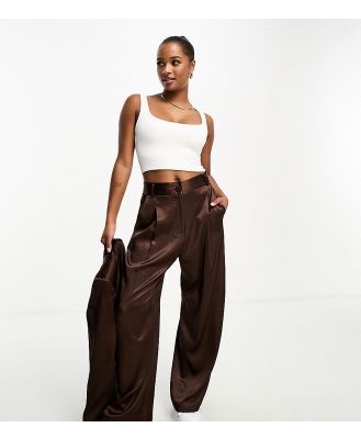 River Island Petite wide leg pleated dad pants in dark brown (part of a set)