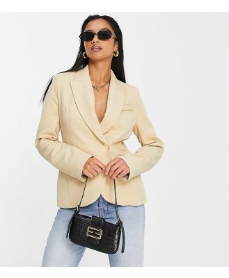 River Island Petite wrap over cinched blazer in beige (part of a set)-Neutral